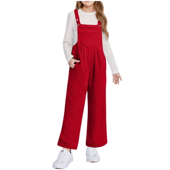 BLVB Girls Fleece Overalls Kids Fuzzy Sherpa Jumpsuit Warm Loose Romper with Pockets Winter Clothes 5-14Y(Red,13-14 Years)