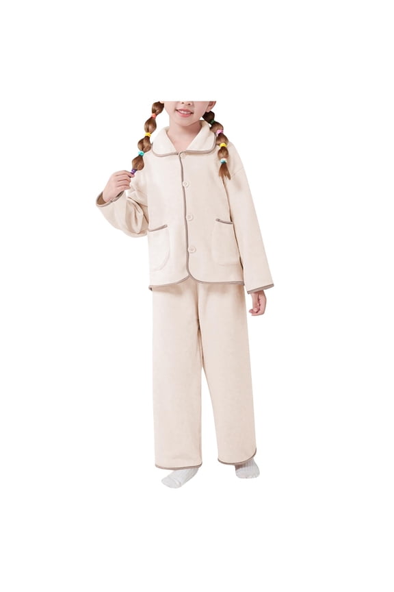 Girls Fuzzy Sets Kid 2 Piece Winter Fleece Outfits Button down Tops Fluffy Pants with Pockets Warm Homewear Loungewear