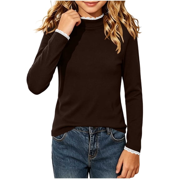 BLVB Girls Lace Trim Long Sleeve Shirts Mock Neck Tops Soft Warm Fall Tee Base Layer Blouses(Coffee,14-15 Years)