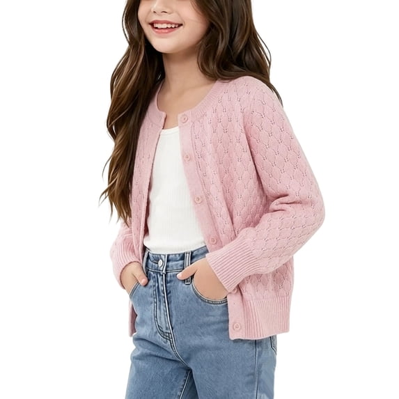 BLVB Girls Long Sleeve Cardigan Sweaters Hollow out Knit Button down Outerwear Cozy Fall Clothes for Kids(Pink,14-15Years)