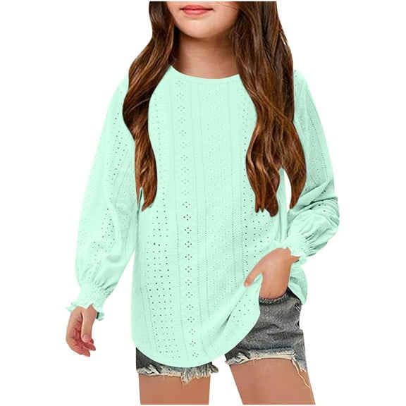 BLVB Girls' Long Sleeve T Shirts Summer Outfits Cute Crewneck Eyelet Basic Tees Ruffle Casual Blouse for 6-14Y