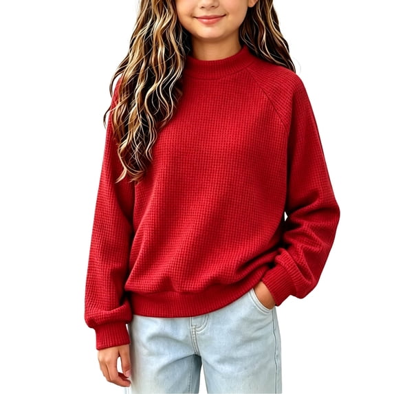BLVB Girls Mock Neck Pullover Sweaters Kids Long Sleeve Waffle Knit Jumper Tops Casual Sweatshirts Teen Girl Fall Clothes(Red,5-6 Years)