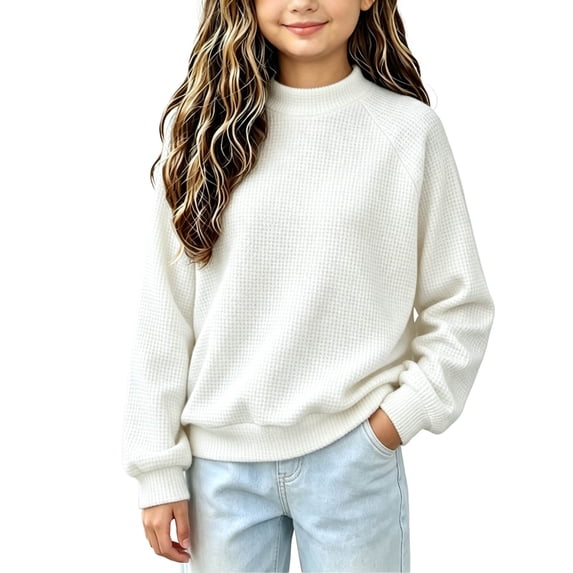 BLVB Girls Mock Neck Pullover Sweaters Kids Long Sleeve Waffle Knit Jumper Tops Casual Sweatshirts Teen Girl Fall Clothes(White,15-16 Years)