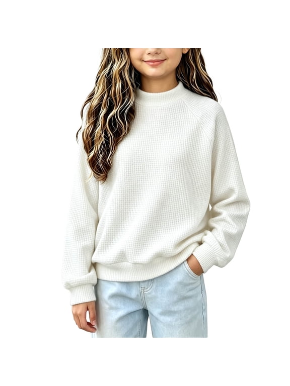 Girls Mock Neck Pullover Sweaters Kids Long Sleeve Waffle Knit Jumper Tops Casual Sweatshirts Teen Girl Fall Clothes(White,7-8 Years)