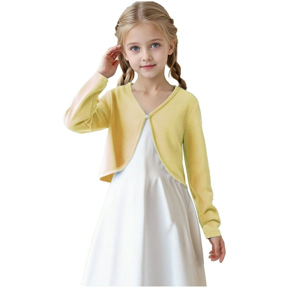 BLVB Girls Open Front Shrug Cardigan Kids Children Cropped Tops Long Sleeve Bolero with Button Closure Size 5-14 Years