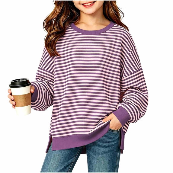 BLVB Girls Oversized Striped Crewneck Sweatshirt Long Sleeve Side Split Pullover Tops Fall Casual Clothes for Teen Girls(Purple,14-15 Years)