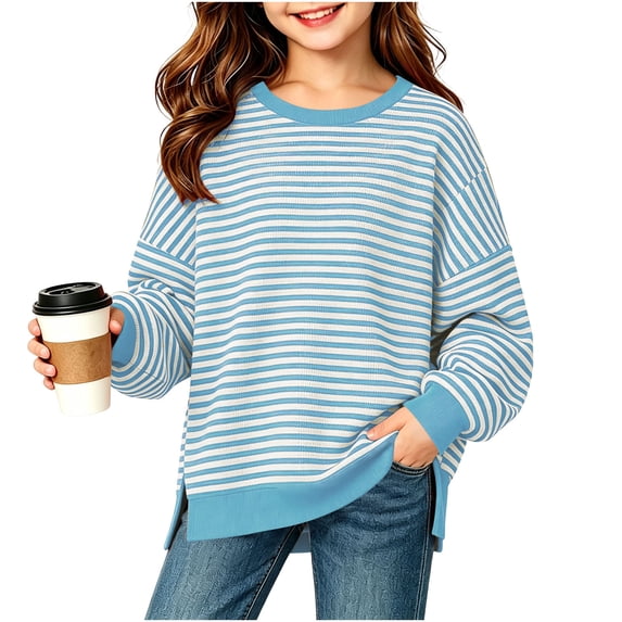 BLVB Girls Oversized Striped Crewneck Sweatshirt Long Sleeve Side Split Pullover Tops Fall Casual Clothes for Teen Girls(Sky Blue,14-15 Years)