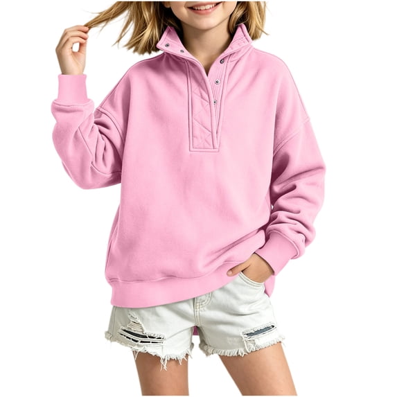 BLVB Girls Oversized Sweatshirt Kids Fashion Button Stand Collar Pullover Long Sleeve Tops Fall Clothing for 5-15 Years(Pink,7-8 Years)