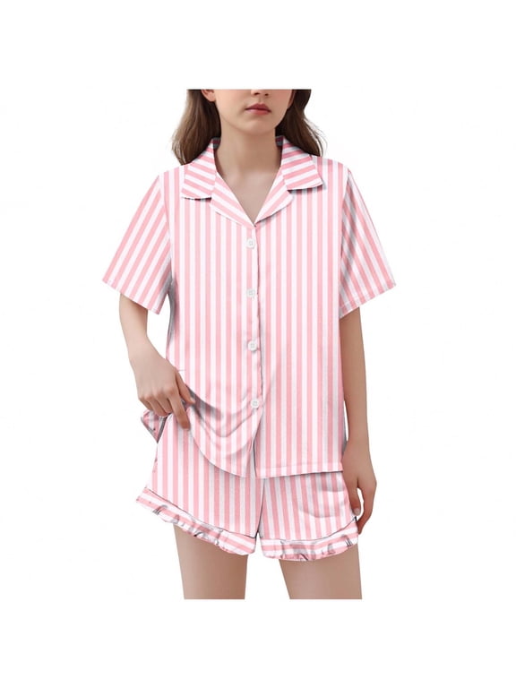 Girls Pajamas Satin Pajama Set Silk Pjs Short Sleeve Button down Shirts Summer Ruffle Sleepwear for Big Kids 5-15Y