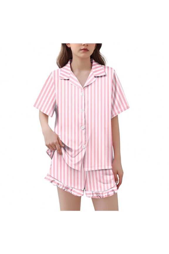 Girls Pajamas Satin Pajama Set Silk Pjs Short Sleeve Button down Shirts Summer Ruffle Sleepwear for Big Kids 5-15Y