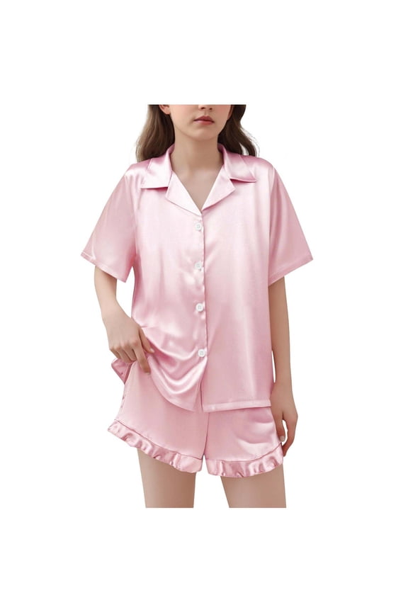 Girls Pajamas Satin Pajama Set Silk Pjs Short Sleeve Button down Shirts Summer Ruffle Sleepwear for Big Kids 5-15Y