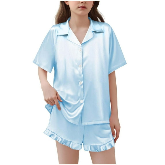 BLVB Girls Pajamas Satin Pajama Set Silk Pjs Short Sleeve Button down Shirts Summer Ruffle Sleepwear for Big Kids 5-15Y