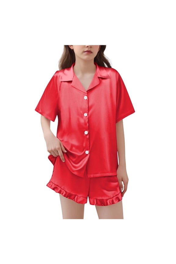 Girls Pajamas Satin Pajama Set Silk Pjs Short Sleeve Button down Shirts Summer Ruffle Sleepwear for Big Kids 5-15Y