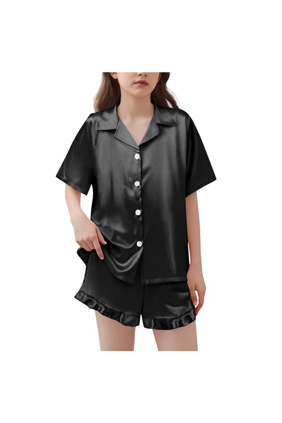 Girls Pajamas Satin Pajama Set Silk Pjs Short Sleeve Button down Shirts Summer Ruffle Sleepwear for Big Kids 5-15Y
