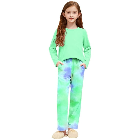 BLVB Girls Pajamas Set 2 Piece Outfits Long Sleeve Sleepwear Shirt Tie Dye Print Pant Lounge Clothes for Kids 3-15 Years