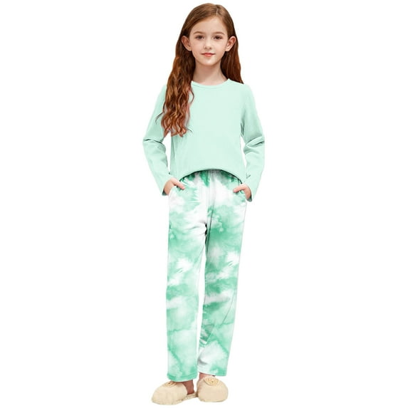 BLVB Girls Pajamas Set 2 Piece Outfits Long Sleeve Sleepwear Shirt Tie Dye Print Pant Lounge Clothes for Kids 3-15 Years