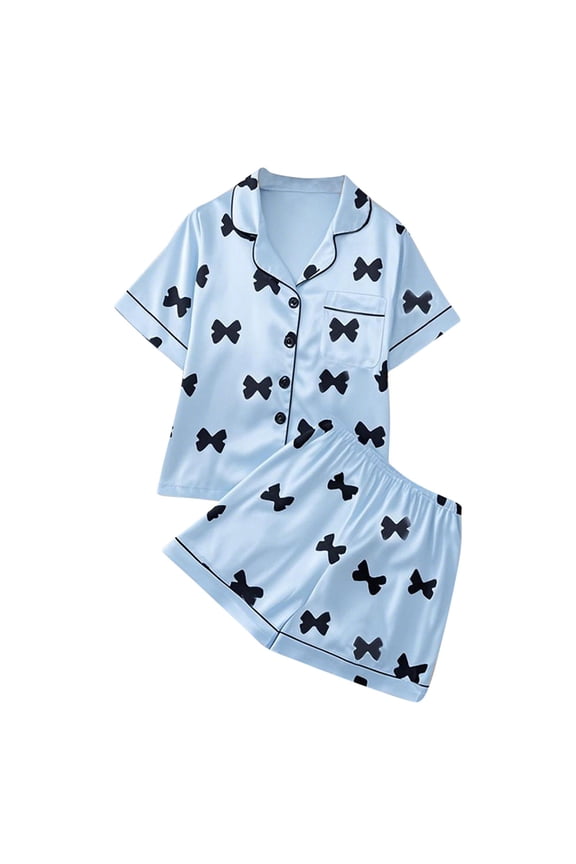 Girls Pajamas Silk Satin Pajama Set Short Sleeve Button down Sleepwear Soft Cute Pjs with Ruffle Shorts Kids 2 Piece Loungewear