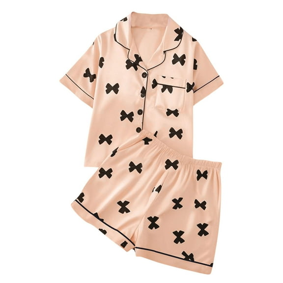 BLVB Girls Pajamas Silk Satin Pajama Set Short Sleeve Button down Sleepwear Soft Cute Pjs with Ruffle Shorts Kids 2 Piece Loungewear