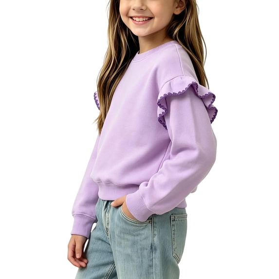 BLVB Girls Pullover Crewneck Sweatshirt with Ruffle Trim Long Sleeve Cute Solid Tops for Toddler Kids(Purple,9-10 Years)