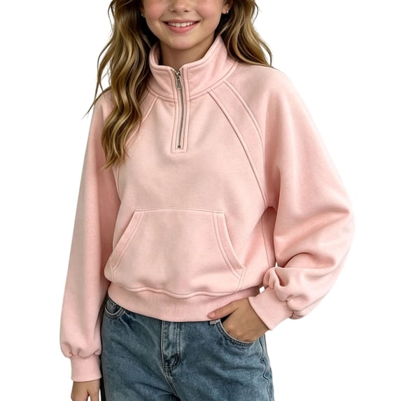 BLVB Girls Quarter Zip Sweatshirt Long Sleeve Stand Collar Crop Pullover Fall Winter Fashion Clothes for Teen Girls(Pink,11-12 Years)