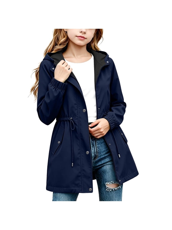 Girls Rain Jacket Lightweight Hooded Windbreaker for Outdoor Kids Drawstring Waist Zip up Raincoat(Navy,9-10 Years)