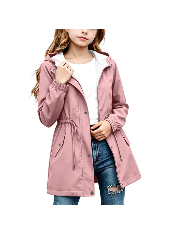 Girls Rain Jacket Lightweight Hooded Windbreaker for Outdoor Kids Drawstring Waist Zip up Raincoat