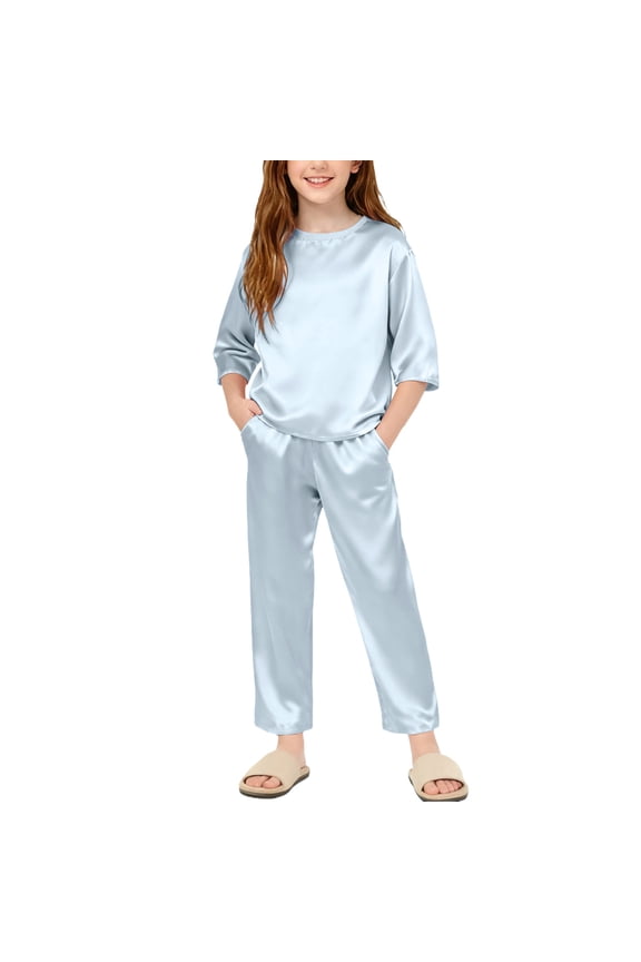 Girls Satin Pajama Set Kids Silk 3/4 Sleeve Loungewear Sleepwear Nightwear Wide Leg Pant Pull on 2 Piece Teen Pjs Set 5-14Y
