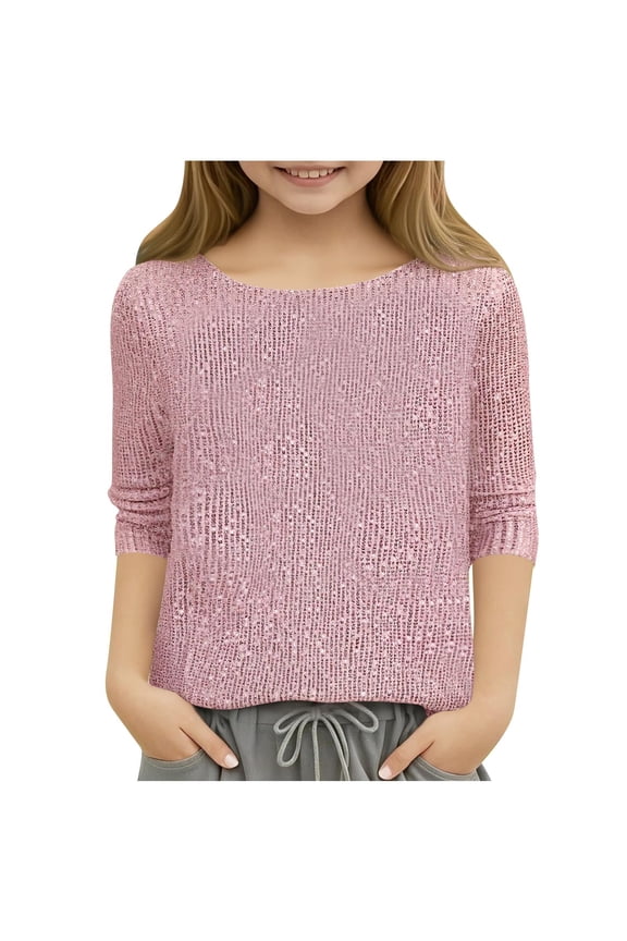 Girls Sequin Tops Teen Kids Long Sleeve Crew Neck Glitter Shirts Holiday Party Blouses for 5-15 Years