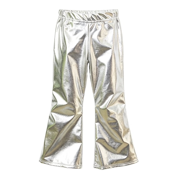BLVB Girls Shiny Flare Pants Loose Fit Dance Bell Bottoms Elastic Waist Sparkly Wide Leg Trousers for Toddler Kids(Silver,14-15Years)