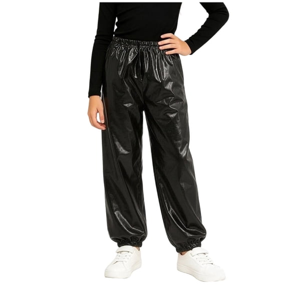 BLVB Girls Shiny Jogger Pants Kids Sparkly Streetwear Dance Outfits High Waist Pants 3-16 Years(Black,13-14 Years)