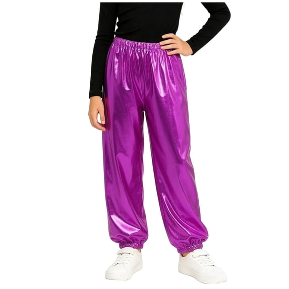 BLVB Girls Shiny Jogger Pants Kids Sparkly Streetwear Dance Outfits High Waist Pants 3-16 Years(Purple,13-14 Years)