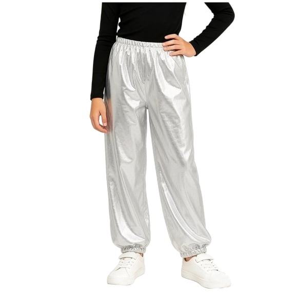 BLVB Girls Shiny Jogger Pants Kids Sparkly Streetwear Dance Outfits High Waist Pants 3-16 Years(Silver,15-16 Years)