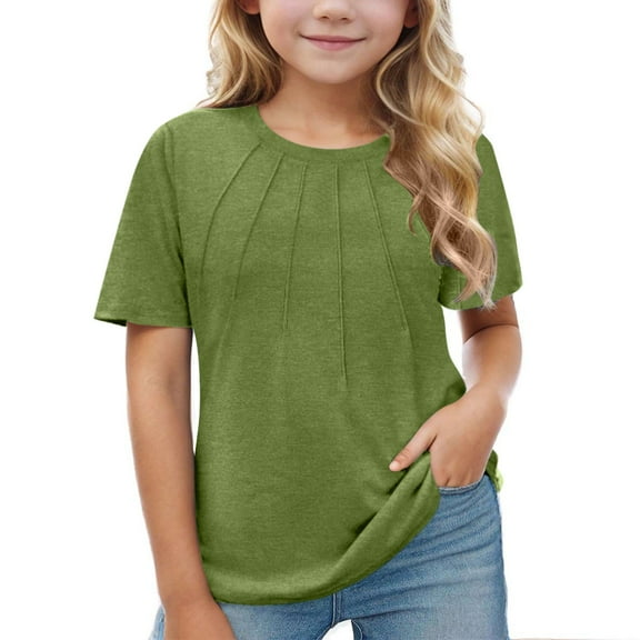 BLVB Girls Short Sleeve T Shirts Kids Summer Pleated Tops Casual Crewneck Fashion Basic Tees Blouses 3-14 Years
