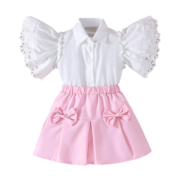 BLVB Girls Skirt Outfit Short Sleeve Button down Shirts and Skirts with Bow Two Piece Outfits Summer Clothes 4-8 Years