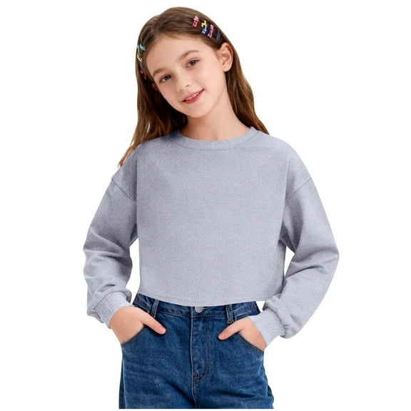 BLVB Girls Sweatshirt Crop Tops for Teens Kids Cropped Crewneck Pullover Long Sleeve Shirts for 3-14 Years