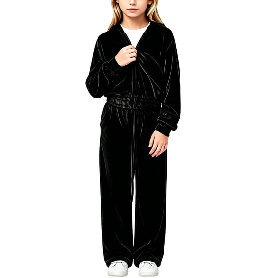 BLVB Girls Sweatsuits Set Velour Tracksuit 2 Piece Outfits Zip up Hoodies Jackets and Loose Wide Leg Pants Kids Loungewear Jogging Set(Black,11-12Years)