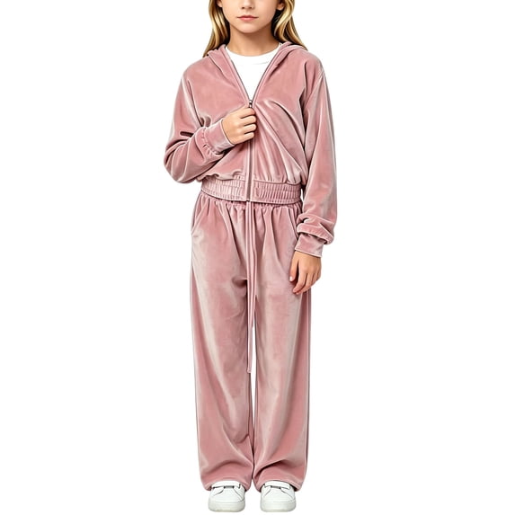 BLVB Girls Sweatsuits Set Velour Tracksuit 2 Piece Outfits Zip up Hoodies Jackets and Loose Wide Leg Pants Kids Loungewear Jogging Set(Pink,5-6Years)