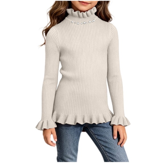 BLVB Girls Turtleneck Sweaters Pullover Toddler Baby Kids Ribbed Knit Ruffle Long Sleeve Jumper Tops Fall Winter Clothes(Beige,7-8Years)