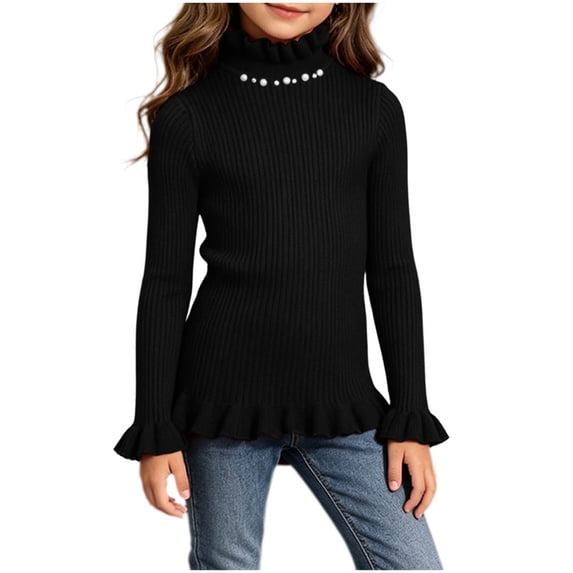 BLVB Girls Turtleneck Sweaters Pullover Toddler Baby Kids Ribbed Knit Ruffle Long Sleeve Jumper Tops Fall Winter Clothes(Black,12-13 Years)