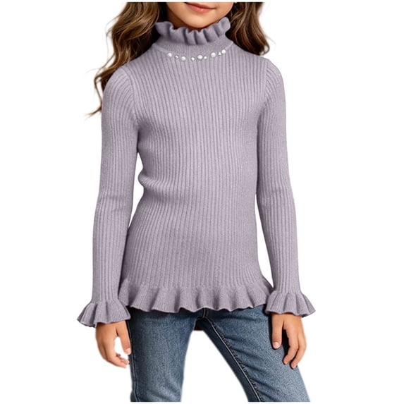 BLVB Girls Turtleneck Sweaters Pullover Toddler Baby Kids Ribbed Knit Ruffle Long Sleeve Jumper Tops Fall Winter Clothes(Gray,7-8Years)