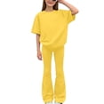 thumbnail image 1 of BLVB Girls Two Piece Outfits Kids Fashion Short Sleeve Crewneck T Shirts Tops and Flare Pants Casual Clothing Set 8-13 Years, 1 of 6