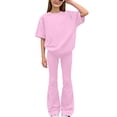 thumbnail image 1 of BLVB Girls Two Piece Outfits Kids Fashion Short Sleeve Crewneck T Shirts Tops and Flare Pants Casual Clothing Set 8-13 Years, 1 of 6
