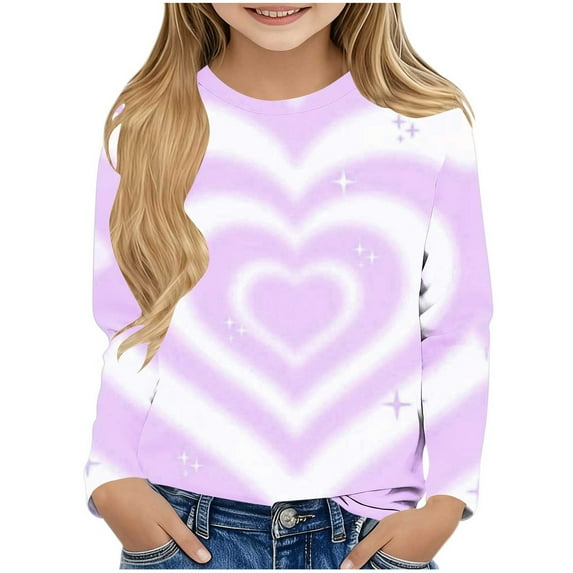 BLVB Girls Valentine Shirts Casual Basic Tees Long Sleeve Crewneck Heart Tops Blouse for Kids 3-14T