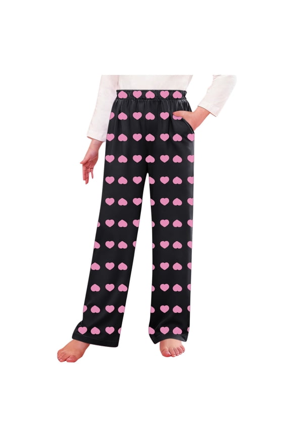 Girls Valentine's Day Heart Print Pajama Pants Holiday Lounge Wide Leg Pj Pants Soft Sleepwear with Pockets 4-16 Years