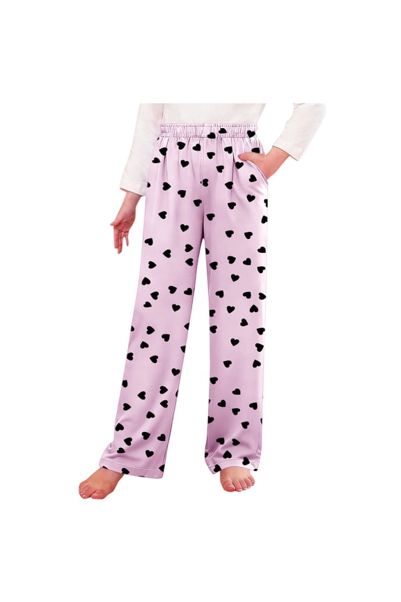 Girls Valentine's Day Heart Print Pajama Pants Holiday Lounge Wide Leg Pj Pants Soft Sleepwear with Pockets 4-16 Years