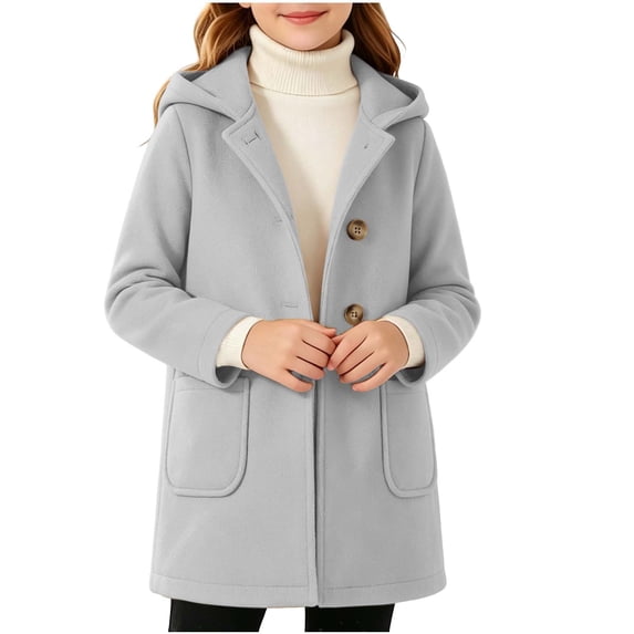 BLVB Girls Winter Hooded Coat Kids Long Sleeve Button down Warm Outerwear Jacket with Pockets 4-15 Years(Gray,12-13Years)