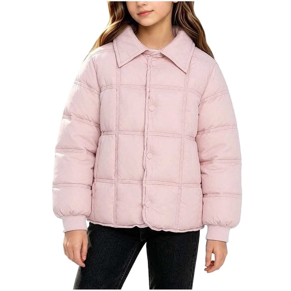 BLVB Girls Winter Puffer Jacket Kids Warm Quilted Padded Coat Lightweight Button down Collared Cozy Outerwear(Pink,3-4 Years)