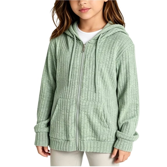 BLVB Girls Zip up Hoodies Teen Hooded Sweaters Ribbed Knit Jackets Kids Outerwear Fall Fashion Outfits Clothes(Green,5-6 Years)