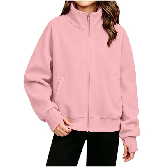 BLVB Girls Zip up Sweatshirt Stand Collar Fleece Track Jackets Kids Fall Fashion Outfits with Pockets(Pink,7-8 Years)
