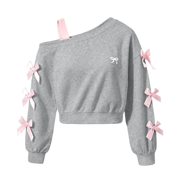 BLVB Girls off the Shoulder Sweatshirt Cute Long Sleeve Crop Pullover Tops Bowknot Fall Fashion Clothes for Teen Girls(Gray,12-13 Years)